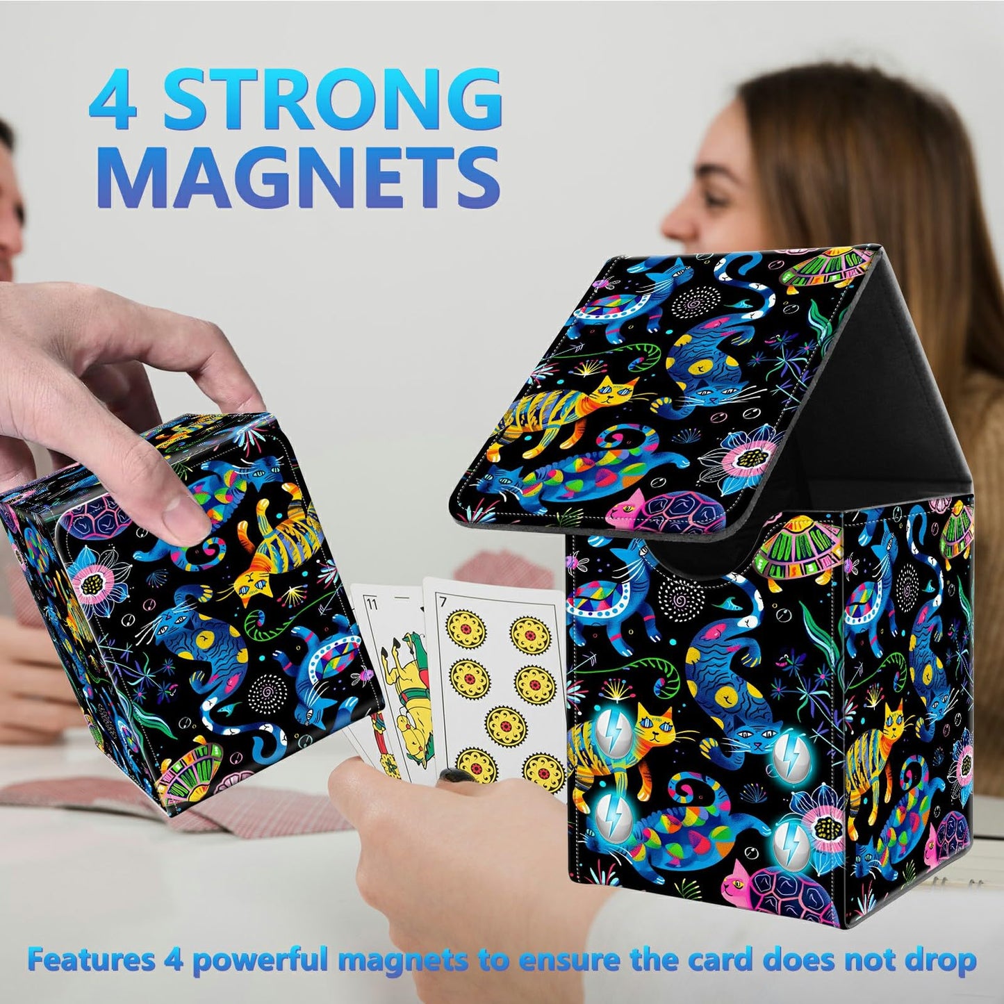 BREIDMKFM Card Deck Box for Trading Cards, MTG Commander Deck Box Fits 100+ Single Sleeved Cards, Leather Magnetic Card Storage Box for YuGiOh TCG CCG Cards, Art Cats