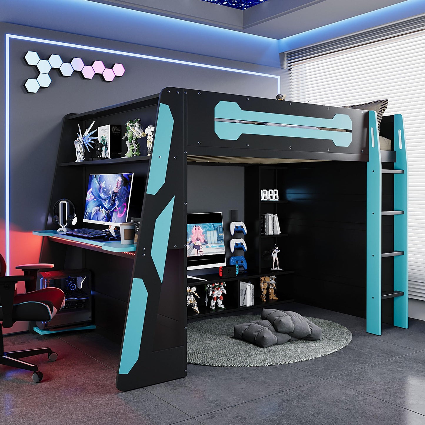 Gaming Bed with RGB Lighting, Desk, Multi-Storage Shelves and LED, Esports Design for PC & Console Gamers, Full Size Wood Loft Bed for Kids Bedroom (Cloud Blue/G)