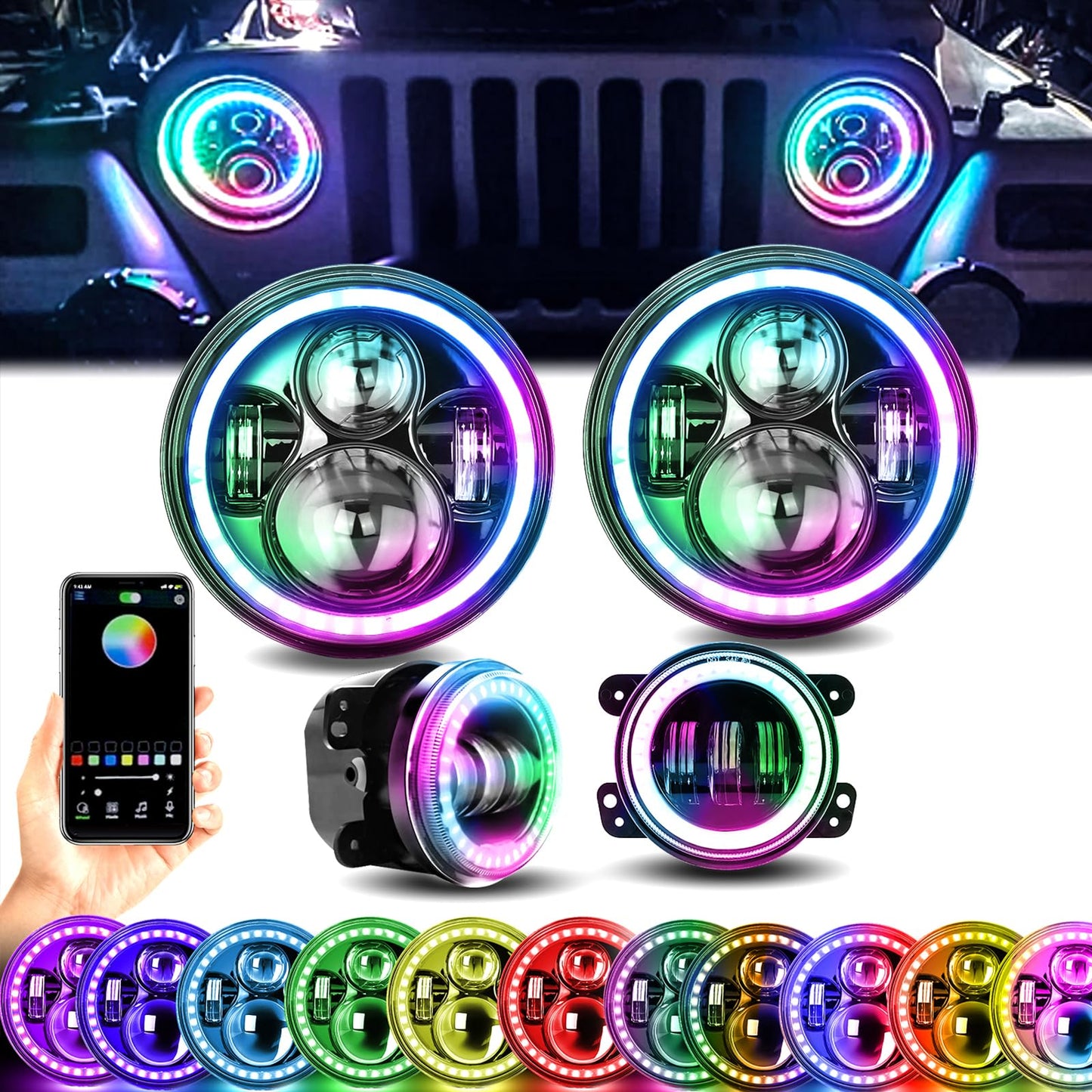 YEEGO DIRECT 7 Inch LED Headlight RGB Halo for Wrangler Headlights & 4 Inch RGB Fog Lights, DOT Approved, Bluetooth APP Control Custom Colors, Compatible with Wrangler 1997-2018 JKU JK TJ LJ