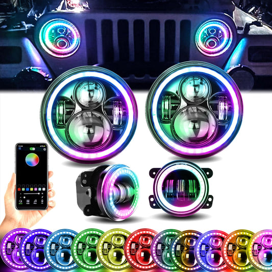 YEEGO DIRECT 7 Inch LED Headlight RGB Halo for Wrangler Headlights & 4 Inch RGB Fog Lights, DOT Approved, Bluetooth APP Control Custom Colors, Compatible with Wrangler 1997-2018 JKU JK TJ LJ