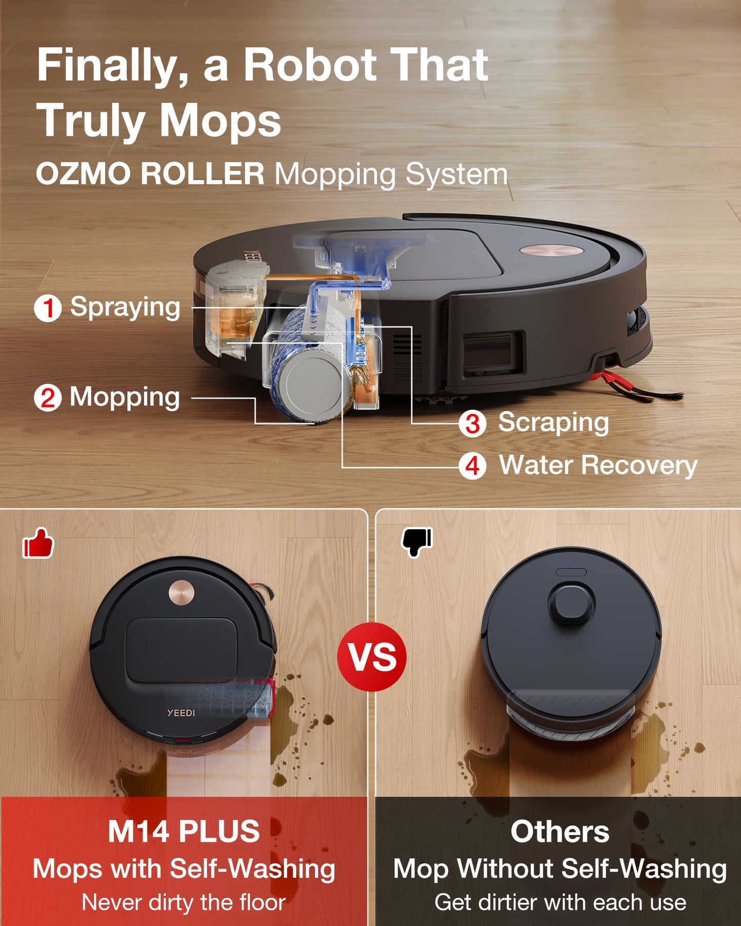 Yeedi M14 Plus Robot Vacuum and Mop, 18,000Pa Suction, OZMO Roller Instant Self-Washing Mopping, 167℉ Smart Dynamic Hot Wash & Auto-Dry, ZeroTangle 3.0 Anti-Hair Brush, All-in-One Omni Station, Black