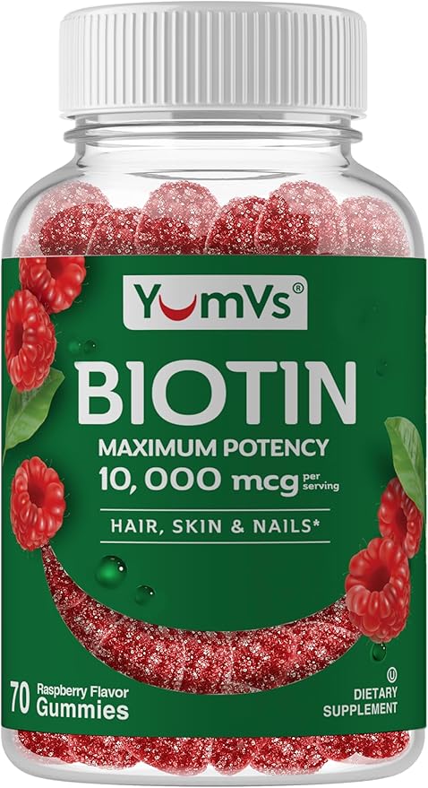 Biotin 10000 mcg Maximum Potency Gummies by YumVs | for Adults Women & Men | Hair, Skin & Nails Support | Natural Raspberry Flavor - 70 Count