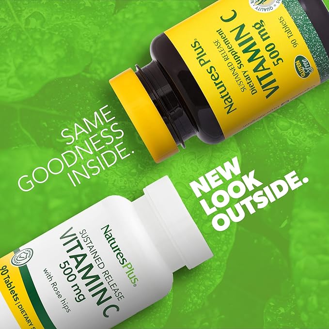 Natures Plus Vitamin C with Rose HIPS - 500 mg, 90 Vegetarian Tablets - Corn-Free, Gluten-Free - 90 Servings