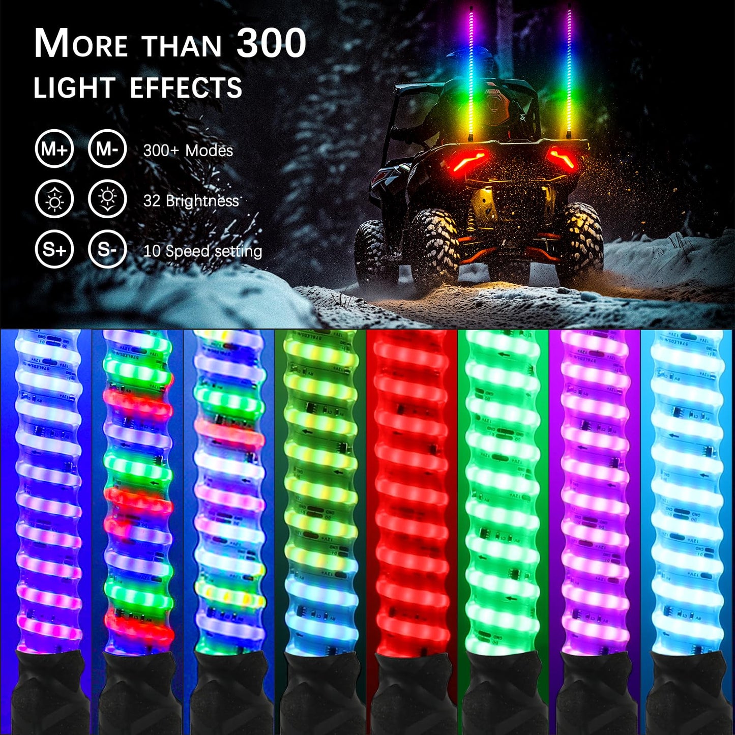 DREAMOTOR Whip Lights, 2Pcs 3FT Spiral RGB LED Whip Lights for Side by Side with Wireless Remote and APP Control, RGB Chasing Lighted Antenna Whips for UTV ATV Truck Polaris Dune Buggy RZR Can-Am