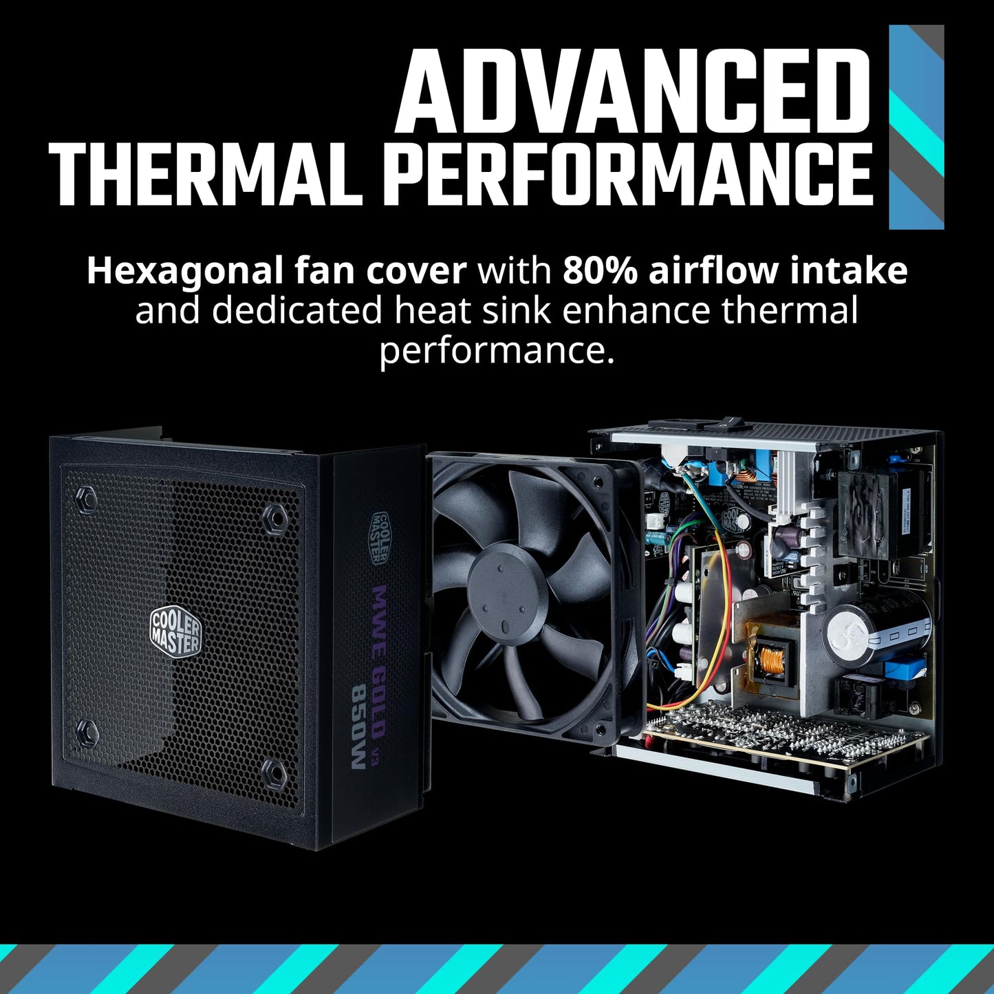 Cooler Master MWE Gold 850 V3 ATX 3.1 Full Modular PSU, 850W, 80+ Gold Efficiency, 90° 12VHPWR|600W PCIe 5.1, GPU Support RTX 4090, Zero-RPM Mode, Hexagonal Fan Cover, 10-Year