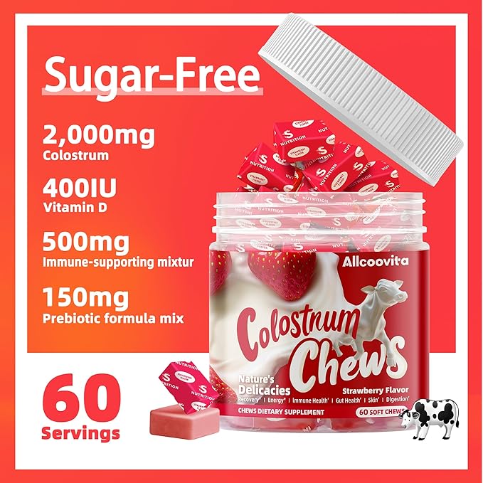Bovine Colostrum Chews Supplement with probiotics for Gut Health, Bloating, Immune Support, Skin, Hair Growth and Beauty - Strawberry Flavor (60 Servings)