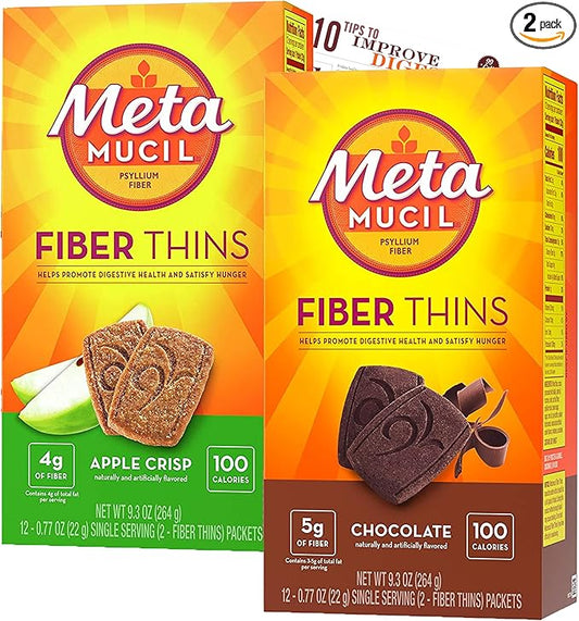 Bleam Fiber Thins Meta Fiber Supplement Digestive Health Support Tip Card Psyllium Fiber Bars - 12CT Apple Crisp & 12CT Chocolate - Set
