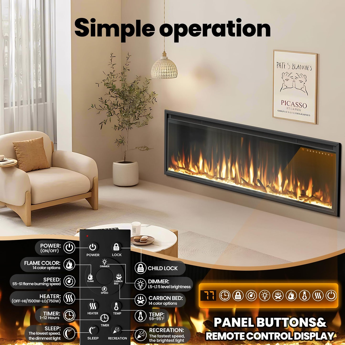 Riseon 36 Inch Electric Fireplace Heater, Recessed in-Wall and Wall-Mounted Linear Heater Fireplace,13 Adjustable Flame Color and 5 Brightness,Touch Screen & Remote Control,1500/750W, Black