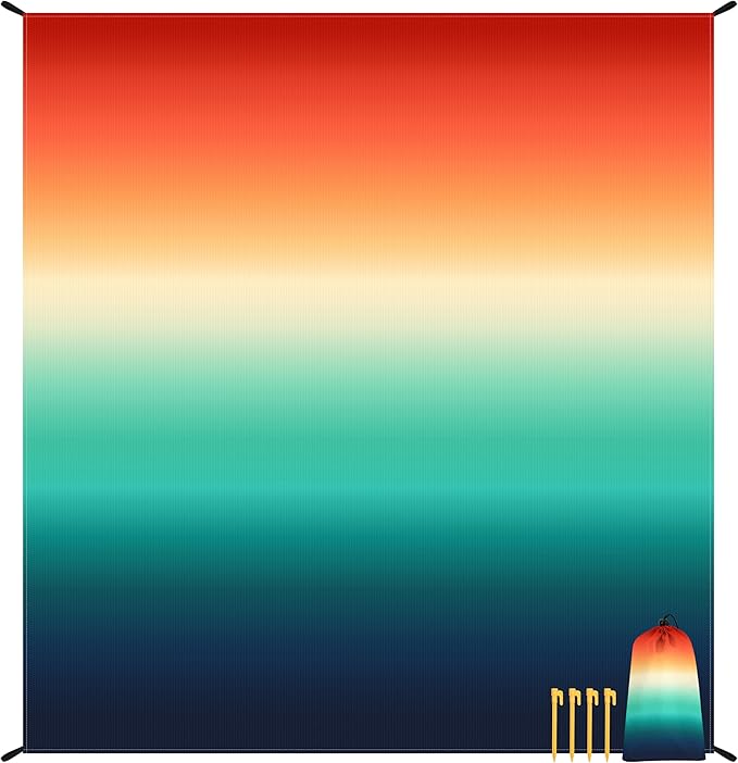 78''×86'' Large Colorful Beach Blanket 4-6 Adults, Waterproof Sandproof Picnic Mat w/ 4 Stakes, Compact Lightweight Portable Pocket Outdoor Travel Tarp for Camping, Hiking, Concert - Sunset Gradient