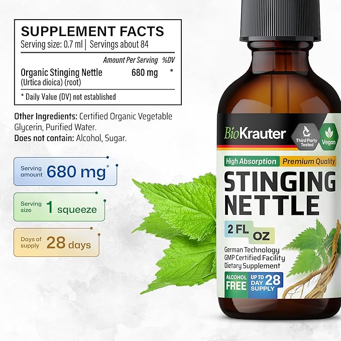 BIO KRAUTER Stinging Nettle Tincture - Nettle Root Extract Liquid - Urinary Support Supplement - Urtica Dioica Natural Extract - Vegan, Sugar & Alcohol Free Drops 2 Fl.Oz.