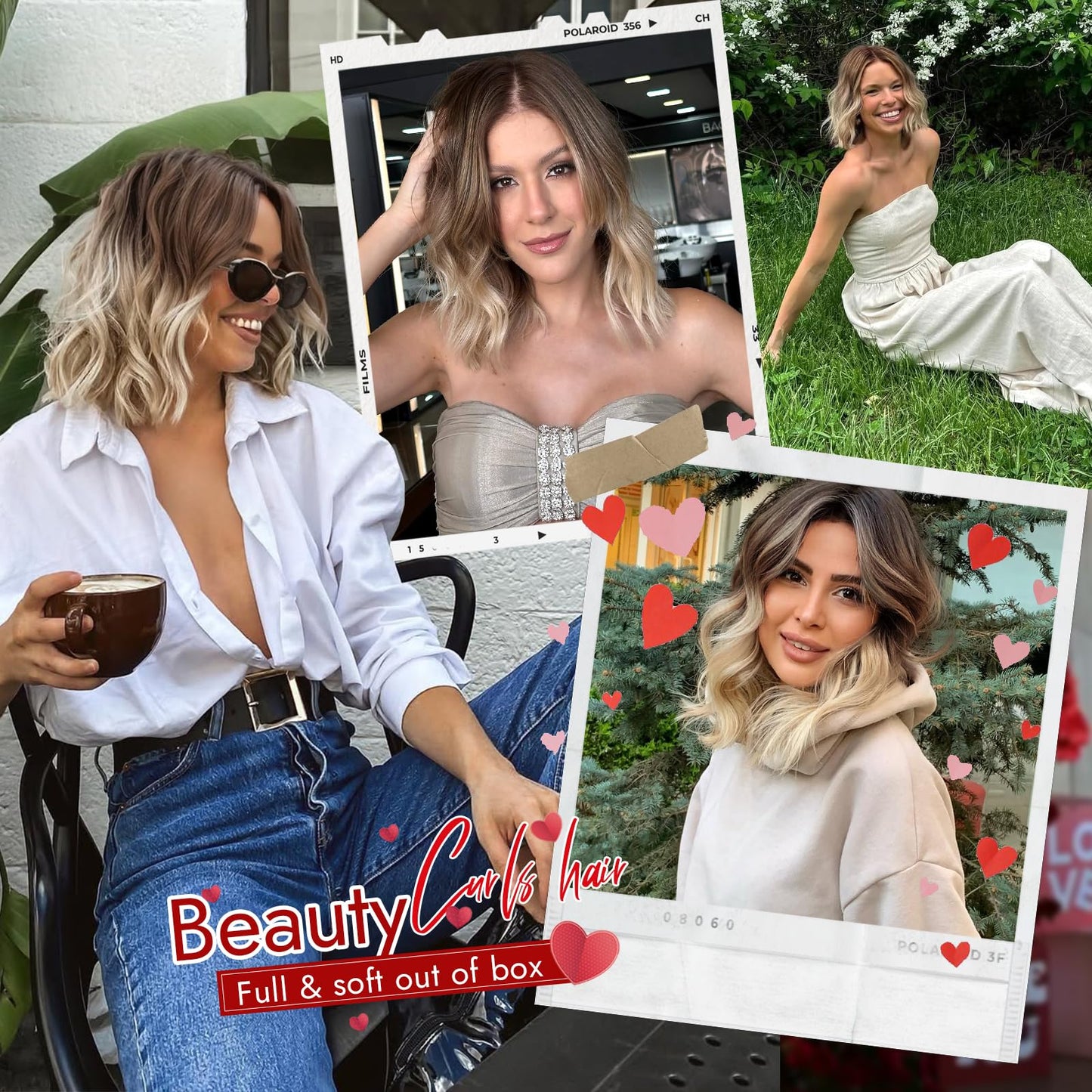 Eawwii Brown to Platinum Blonde Short Wavy Wig for Women Lace Hairline Bob Style Synthetic Heat Resistant - Natural Appearance for Everyday Hairstyle 14 Inch