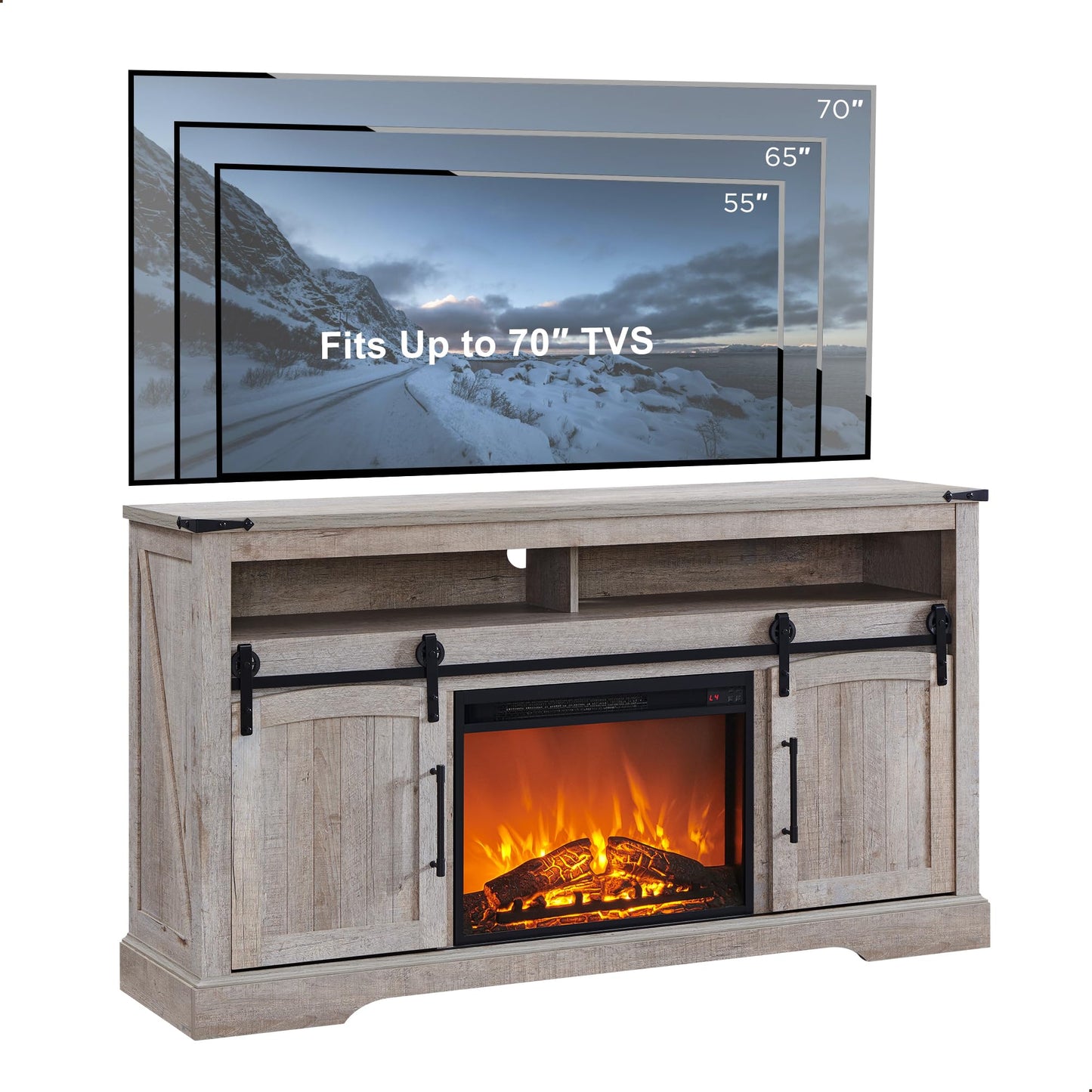 OKD Farmhouse Fireplace TV Stand for 70+ Inch TV, 33" Tall Highboy Entertainment Center w/Electric Fireplace, Rustic Media Console w/Sliding Arched Door for Living Room,Light Rustic Oak