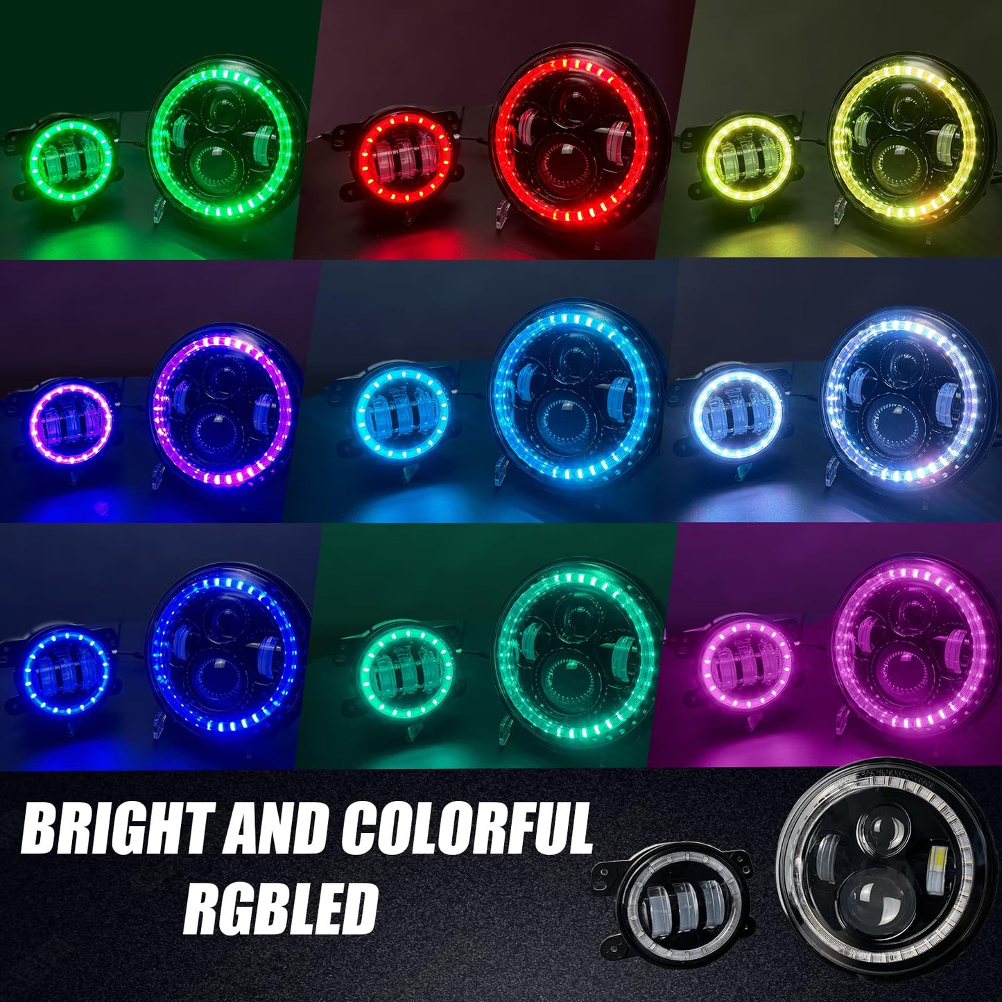 7" RGB Headlights & 4" Fog Lights Combo with Bluetooth Controlled Custom Colors,Music Mode, IP67 Waterproof DOT Kits,for 2007-2018 JK/JKU, 1997-2006 TJ, 2004-2006 LJ, 76-86 CJ