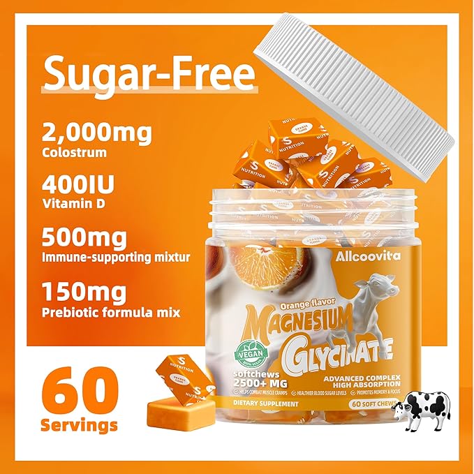 Bovine Colostrum Chews Supplement with probiotics for Gut Health, Bloating, Immune Support, Skin, Hair Growth and Beauty - Orange Flavor (60 Servings)