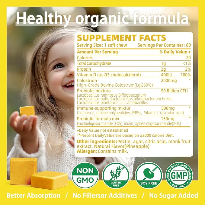 Bovine Colostrum Chews Supplement with probiotics for Gut Health, Bloating, Immune Support, Skin, Hair Growth and Beauty - Pineapple Flavor (60 Servings)