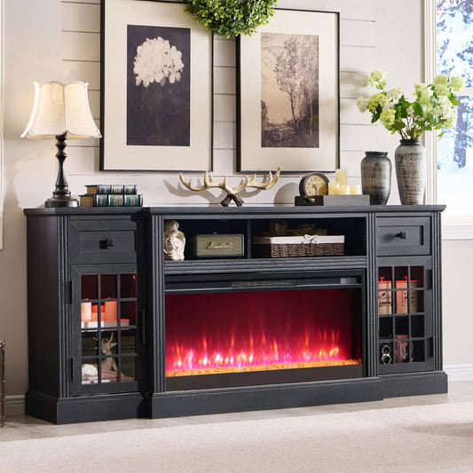 ACCOHOHO Farmhouse Fireplace TV Stand for 80 Inch TV, Entertainment Center w/ 36'' Electric Fireplace & LED Lights, Mordern Media Console with Storage Drawers & Cabinets for Living Room, Black