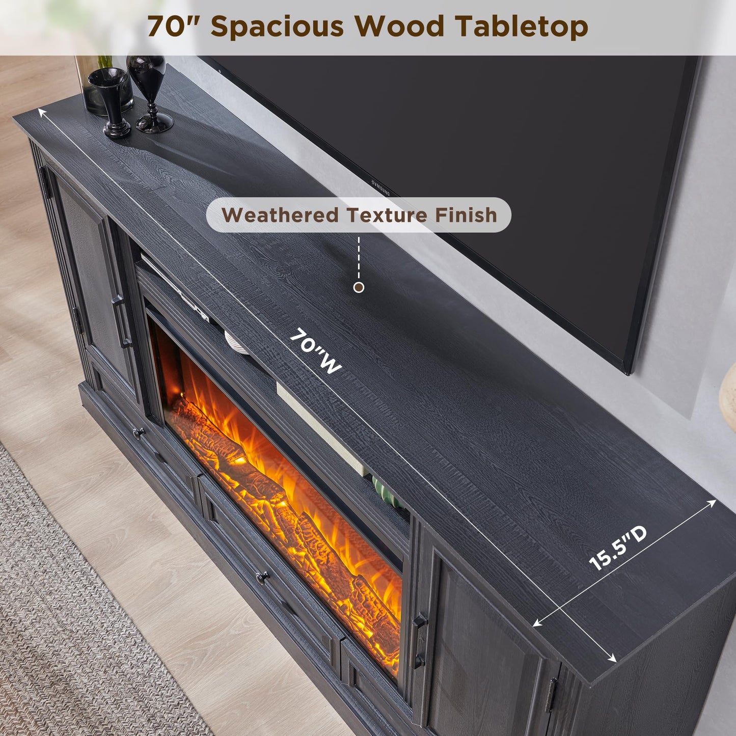 ACCOHOHO Fireplace TV Stand for 80 Inch TV, 35.7" Tall Farmhouse Entertainment Center W/36'' Electric Fireplace, Media Console with Large Storage Cabinets and Drawers for Living Room, Black