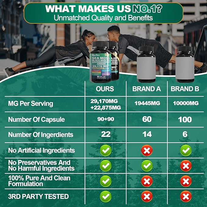 Boysea.Shilajit and Sea Moss Bundle - 90 Count - Sea Moss 7000mg, Black Seed Oil 4000mg, Ashwagandha 2000mg, Ginger & Shilajit 9000mg, Rhodiola Rosea 1000mg, All in 1 Supplements (3 Pack)