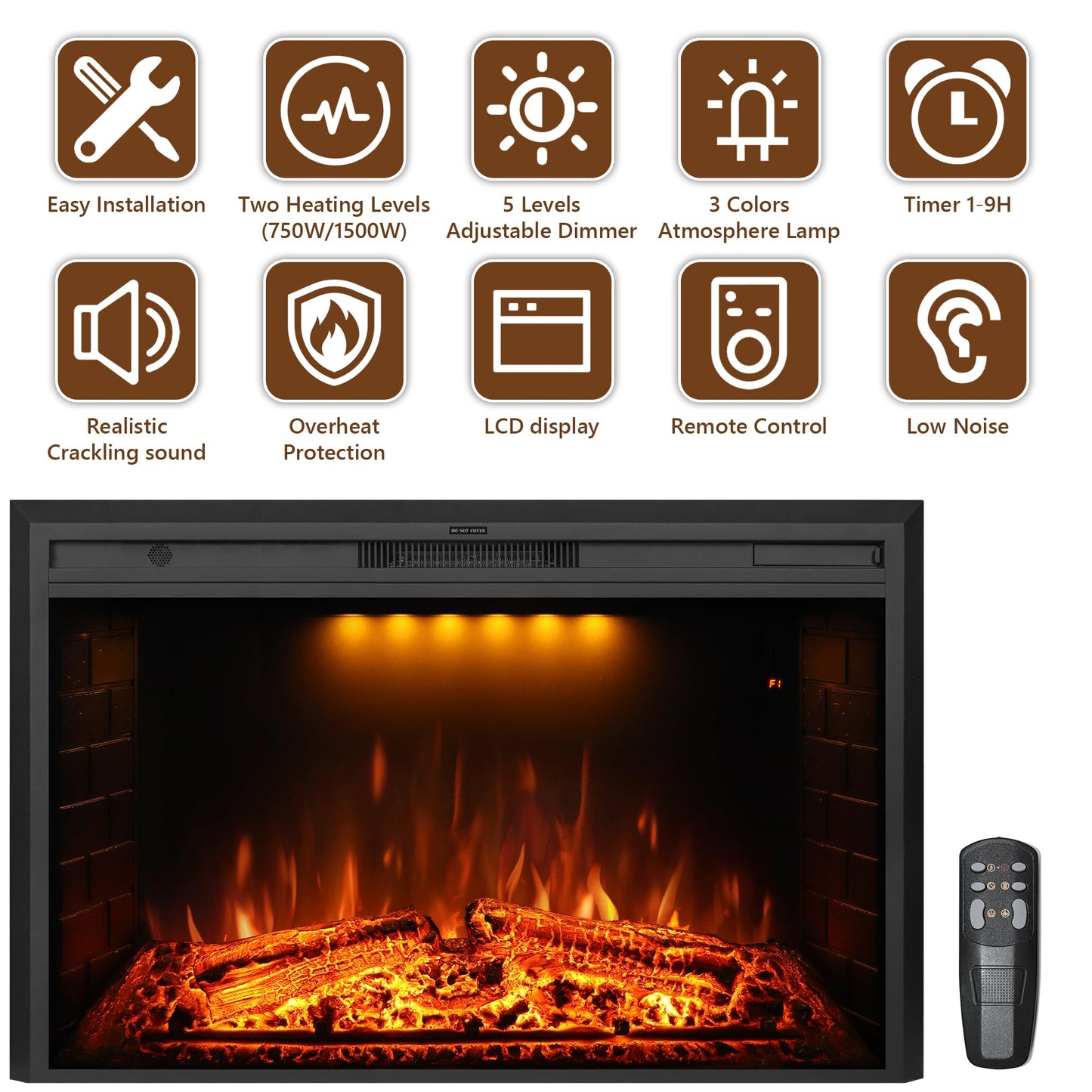 Dreamflame 50 inch Electric Fireplace, Wall Fireplace Electric with Remote Control, Realistic Log and Crackling Sound, Overheating Protection and Timer, 750/1500W Black