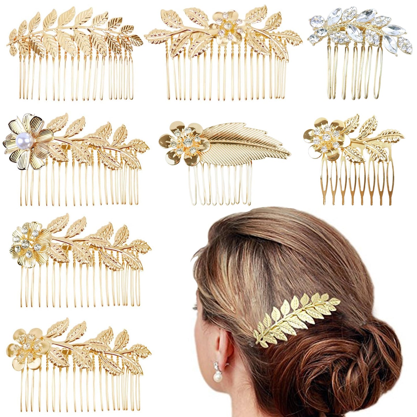 8 Pack Leaf Hair Side Combs for Women Girl, Bridal Metal Decorative Hair Comb Clips, Gold French Twist Hair Slide Comb for Wedding Hair Accessories