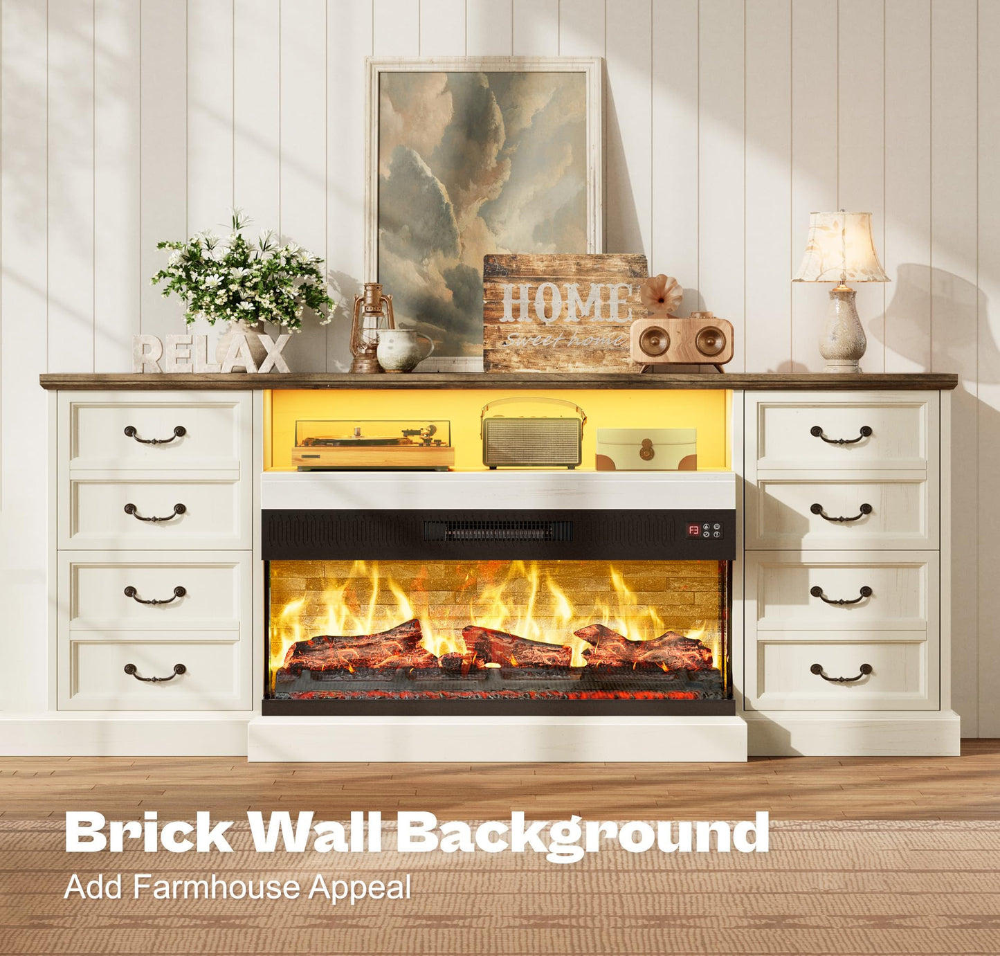 Huuger Fireplace TV Stand with LED Lights for 75 Inch TV, 3-Side Glass Fireplace Entertainment Center, 70 Inch Farmhouse Television Stands Stand with 4 Deep Drawers for Living Room, Distressed White