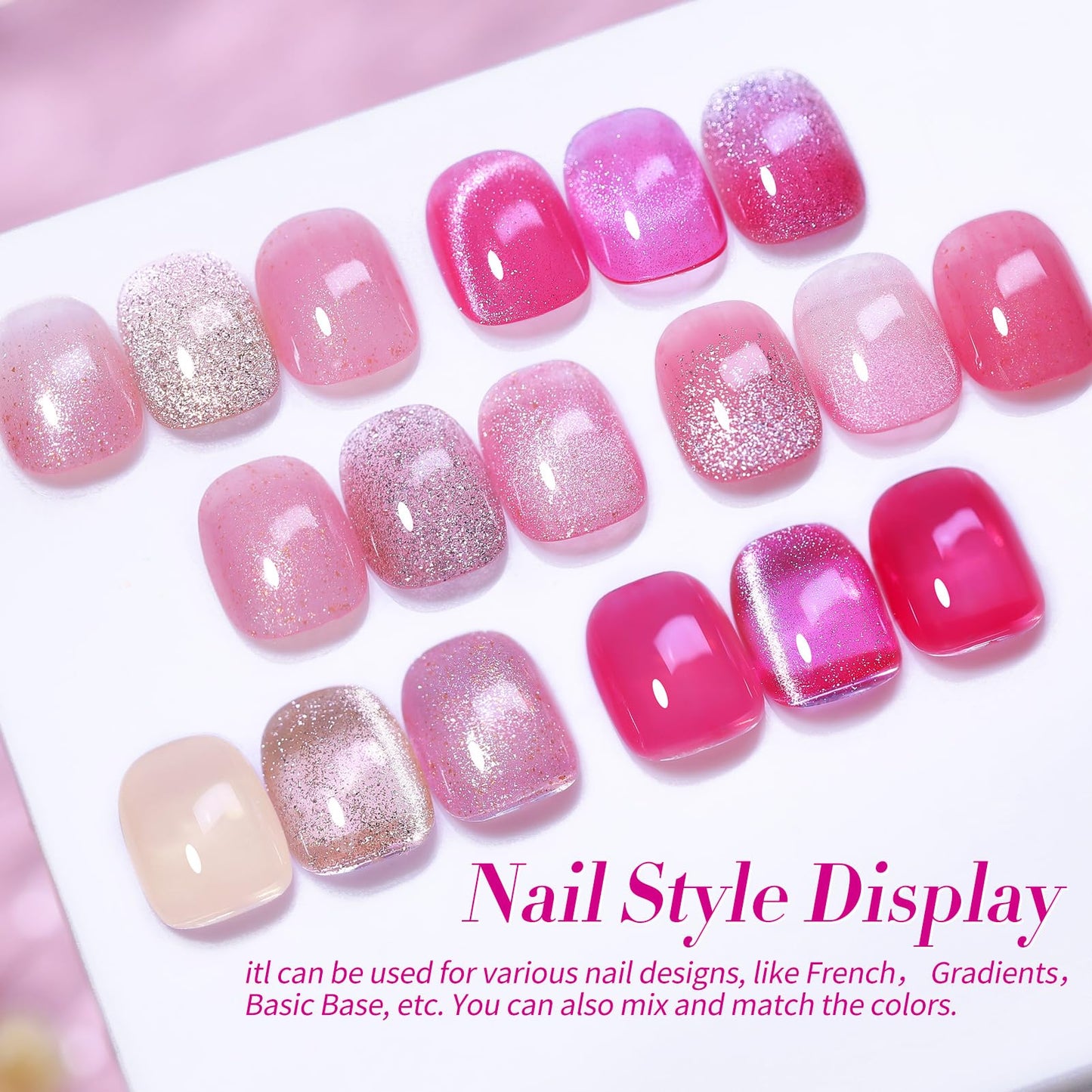 Born Pretty Jelly Gel Nail Polish, Glitter Gel Polish, Hot Pink Nude Cat Magnetic Eye Gel Nail Polish, Sheer Crystal Transparent Sparkle Gel Nail, Nail Manicure Gift DIY at Home 6PCS 7ml