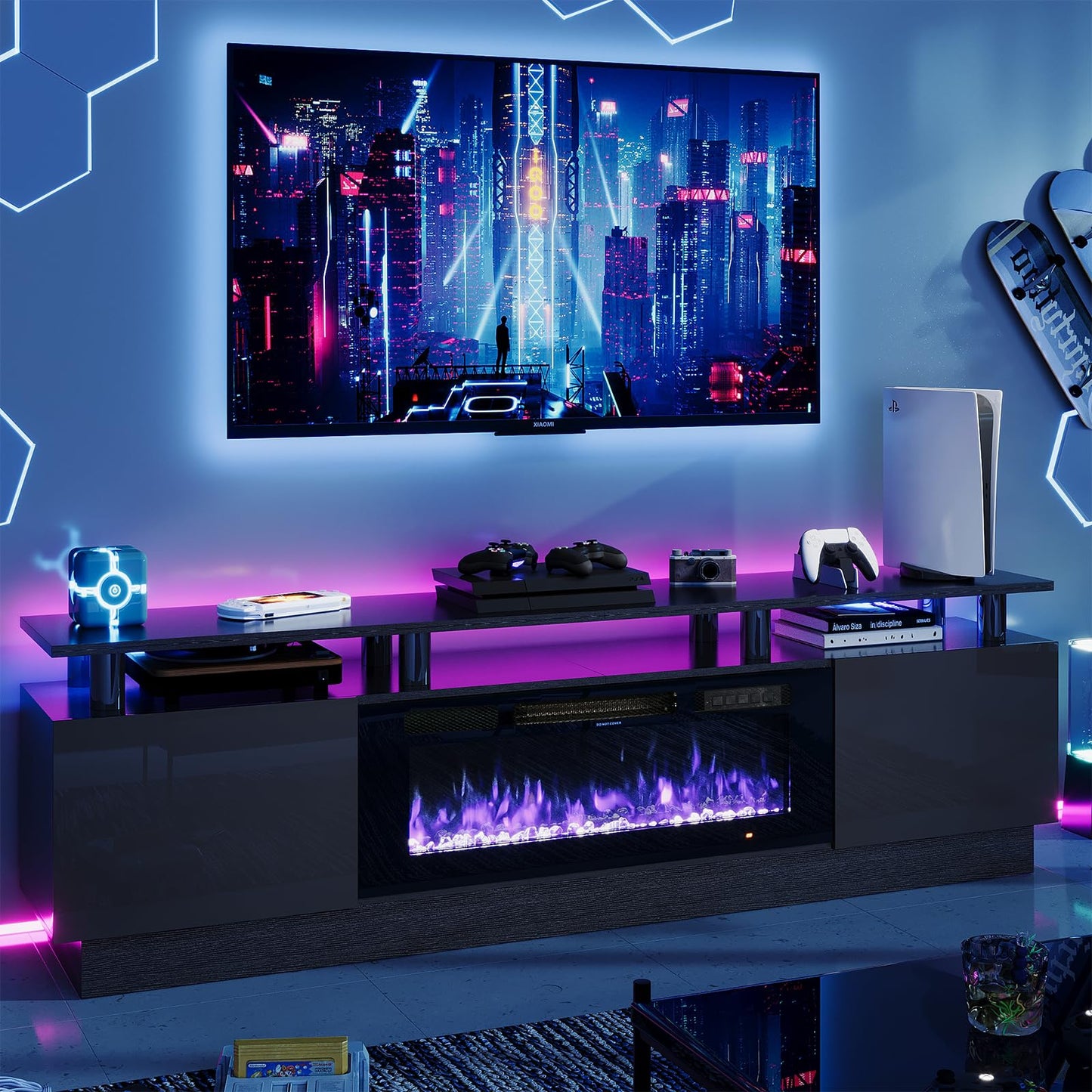 oneinmil Fireplace TV Stand with 36" Electric Fireplace,LED Light Entertainment Center,2 Tier TV Console Stand for TVs Up to 80",Fireplace for The Living Room TV Stand,Black