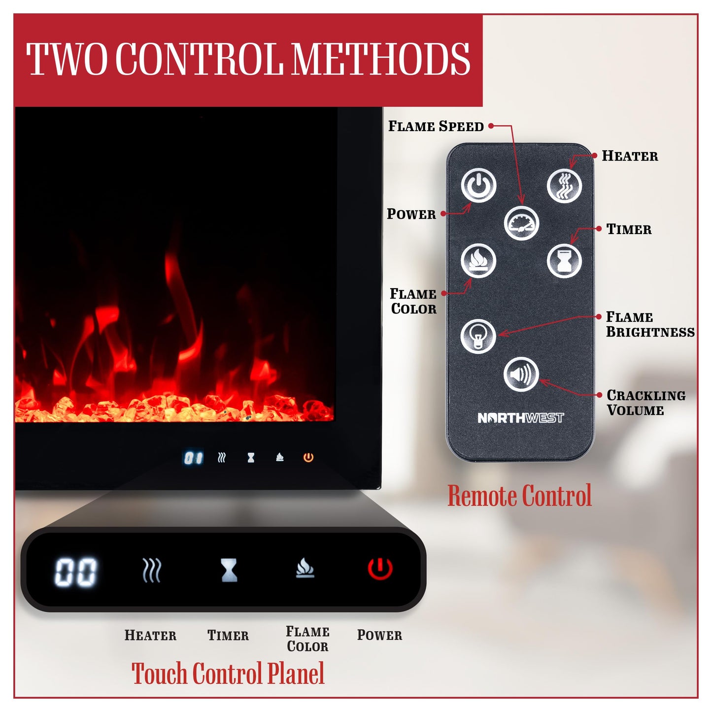 Northwest Electric Fireplace - 42 Inch Wall Mounted Fireplace with Fire Crackling Sounds and Remote to Adjust LED Flames, Timer, Heat, and More