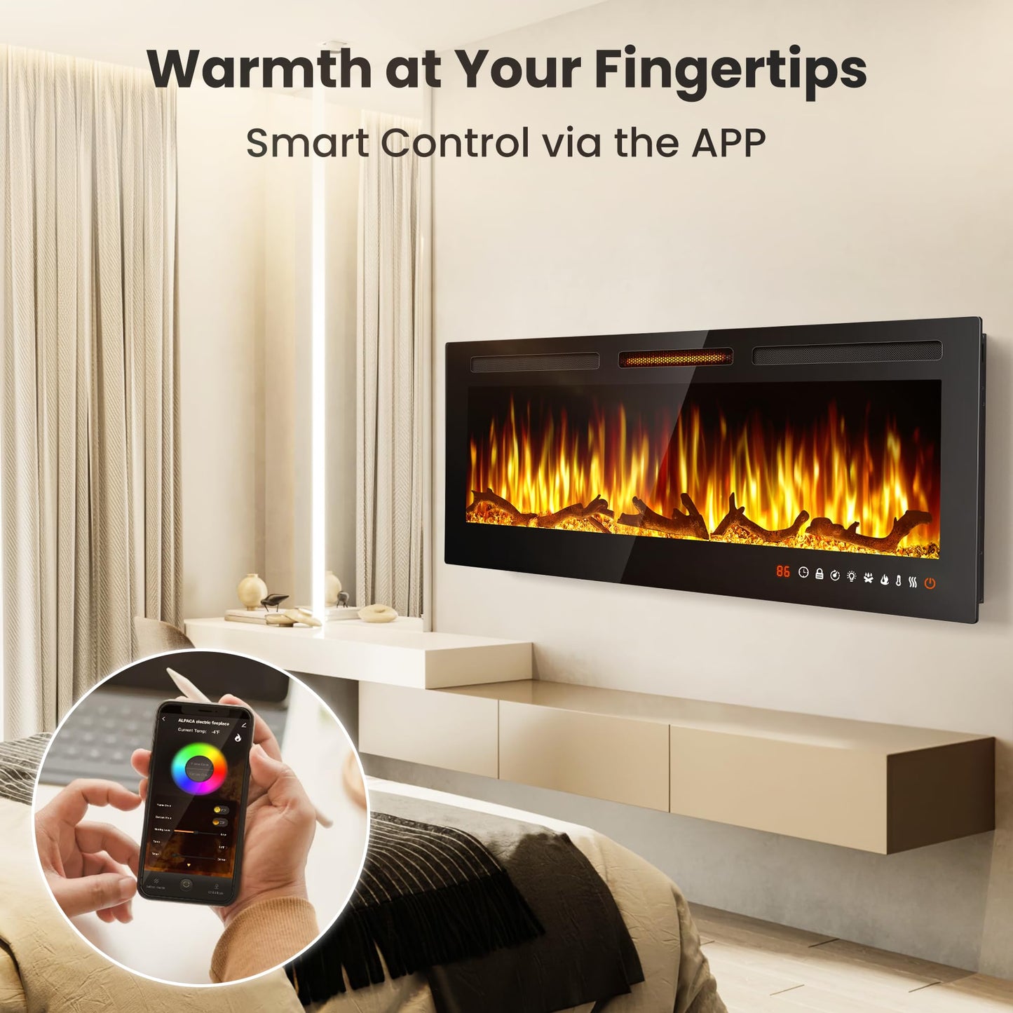 ALPACA 36'' Smart WiFi Electric Fireplace Recessed, Wall Mounted and Freestanding Linear Fireplace, Compatible with Alexa and Smart APP Control,13 Adjustable Flame Color and 5 Brightness, 750W/1500W