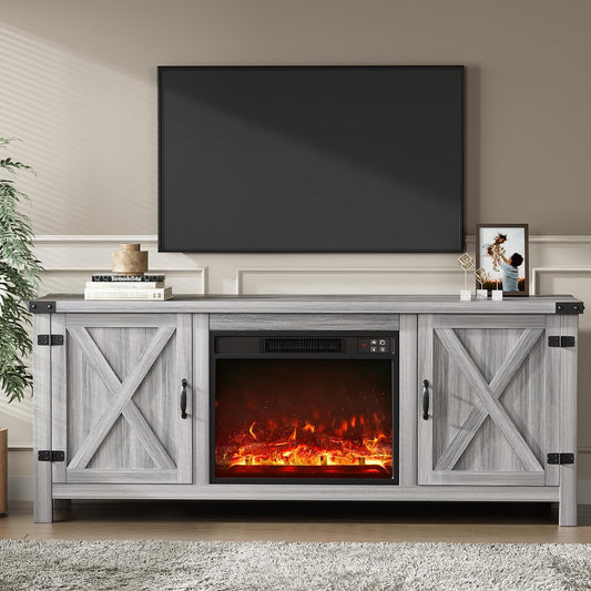 YESHOMY Fireplace TV Stand with Two Barn Doors and Storage Cabinets for Televisions up to 65+ Inch, Entertainment Center Console Table, Media Furniture for Living Room, 58 Inch, Gray Wash