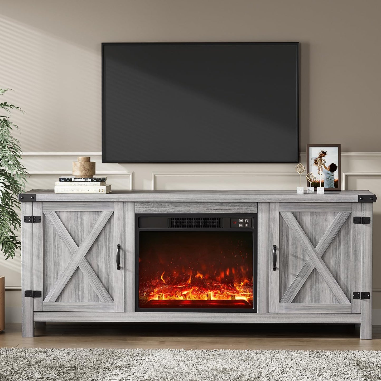 YESHOMY Fireplace TV Stand with Two Barn Doors and Storage Cabinets for Televisions up to 65+ Inch, Entertainment Center Console Table, Media Furniture for Living Room, 58 Inch, Gray Wash