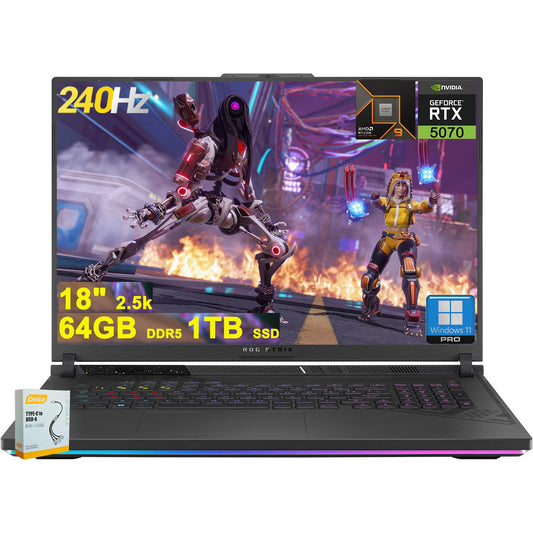 ASUS ROG Strix G18 G814 Gaming Laptop | 18" 2560x1600 240Hz 100% DCI-P3 | AMD 16-core Ryzen 9 9955HX (>i9-14900HX) | 64GB DDR5 1TB SSD | GeForce RTX 5070 | RGB Backlit Wi-Fi6E Win11 w/DLCA Accessory