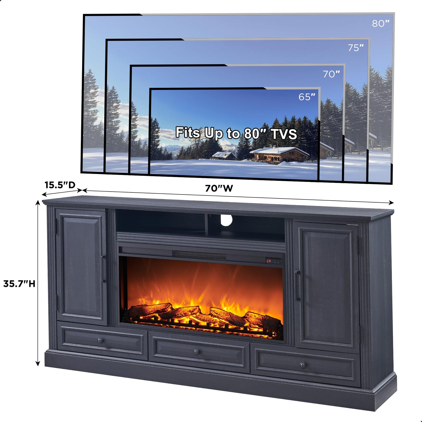 ACCOHOHO Fireplace TV Stand for 80 Inch TV, 35.7" Tall Farmhouse Entertainment Center W/36'' Electric Fireplace, Media Console with Large Storage Cabinets and Drawers for Living Room, Black