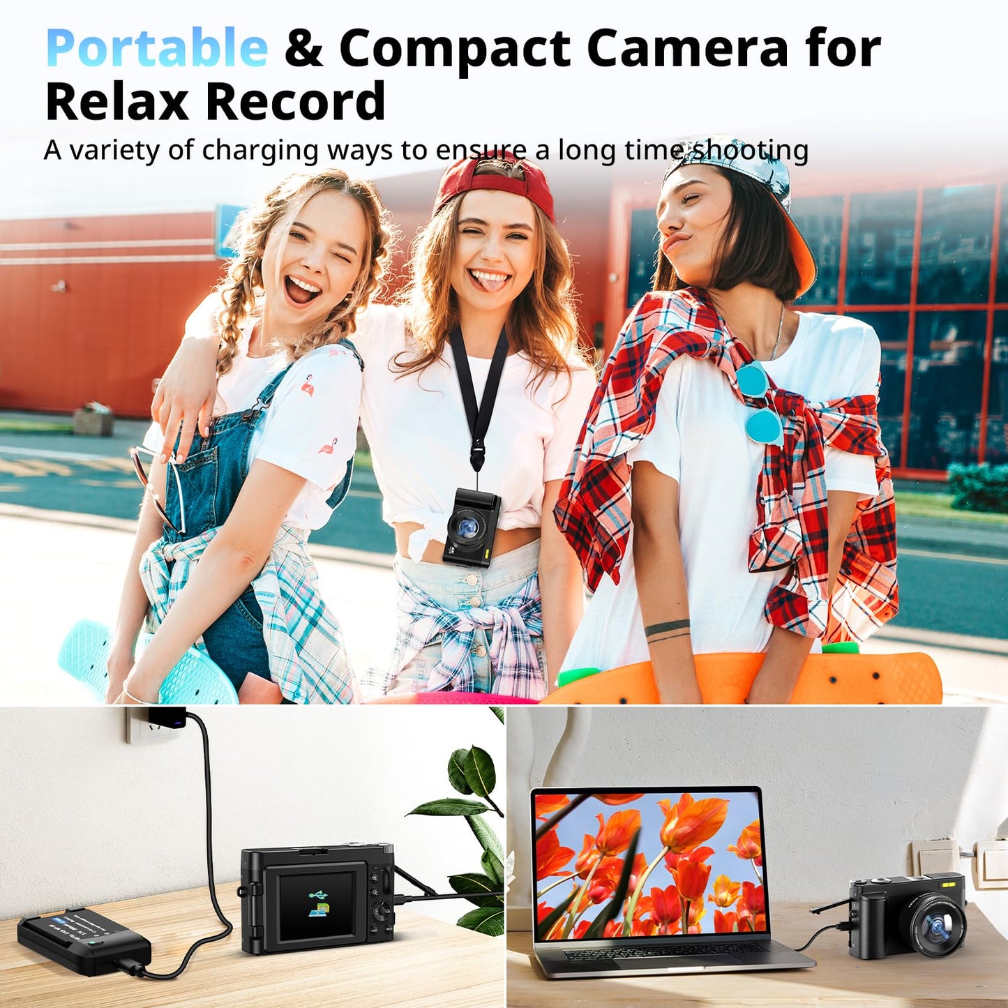 4K Digital Camera for Photography and Video, Autofocus 48MP Vlogging Camera for YouTube with 3'' 180°Flip Screen 16X Zoom Compact Travel Cameras with SD Card, 2 Batteries, Anti-Shake, Flash (Black)