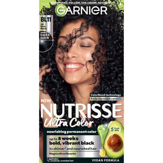 Garnier Hair Color Nutrisse Ultra Color Nourishing Creme, BL11 Jet Blue Black (Black Currant) Permanent Hair Dye, 1 Count (Packaging May Vary)
