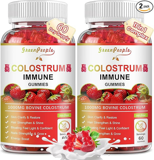 2 Pack Colostrum Supplement Gummies for Women & Men, with Biotin 10000mcg, Collagen, Grape Seed, Vitamin A, D3, B1 for Hair Skin Nails,Immue Support, Sugar-Free, 60 Day Supply