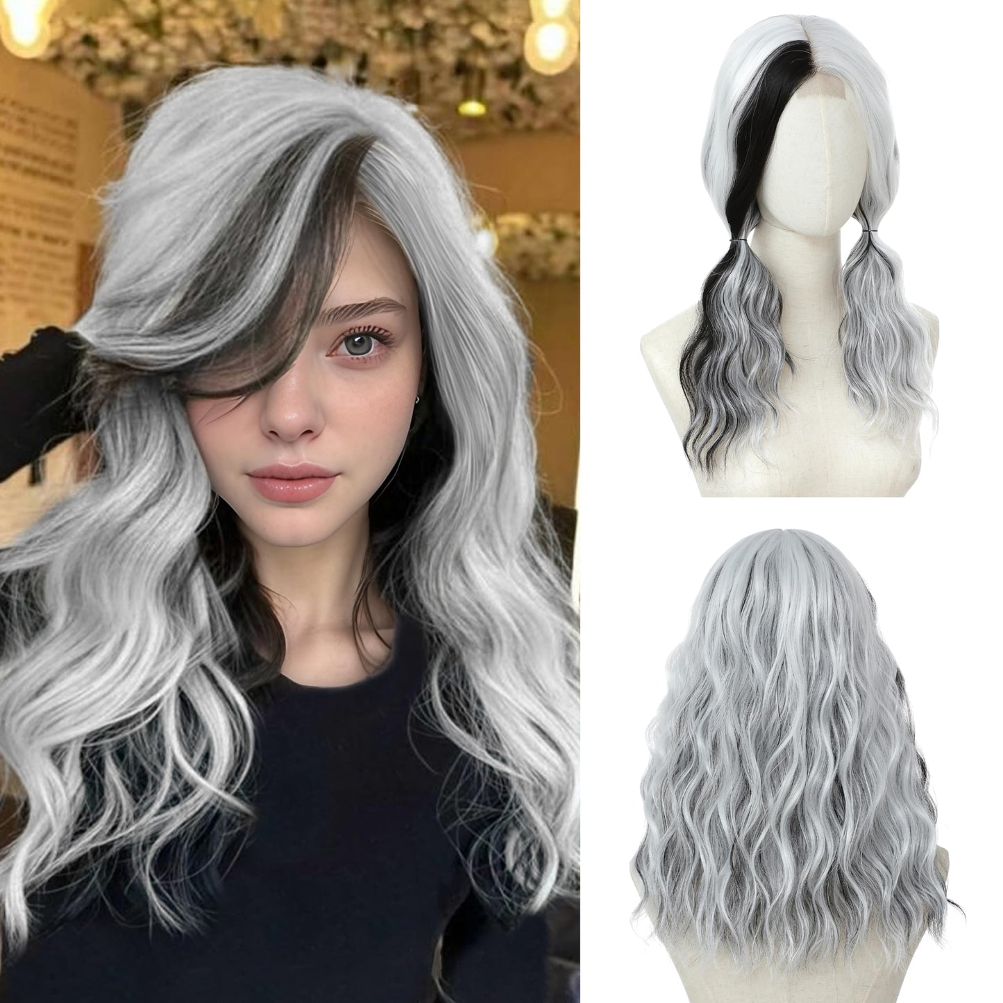 BUPPLER Black and White Wig 18 Inch Medium Length Wigs for Women Middle Part Synthetic Hair Wavy Wig with Upgraded Strands,Natural Hair Wigs for Daily Party/Halloween Use 18Inch,Black and White