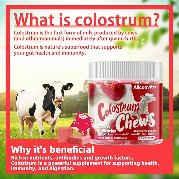Bovine Colostrum Chews Supplement with probiotics for Gut Health, Bloating, Immune Support, Skin, Hair Growth and Beauty - Strawberry Flavor (60 Servings)