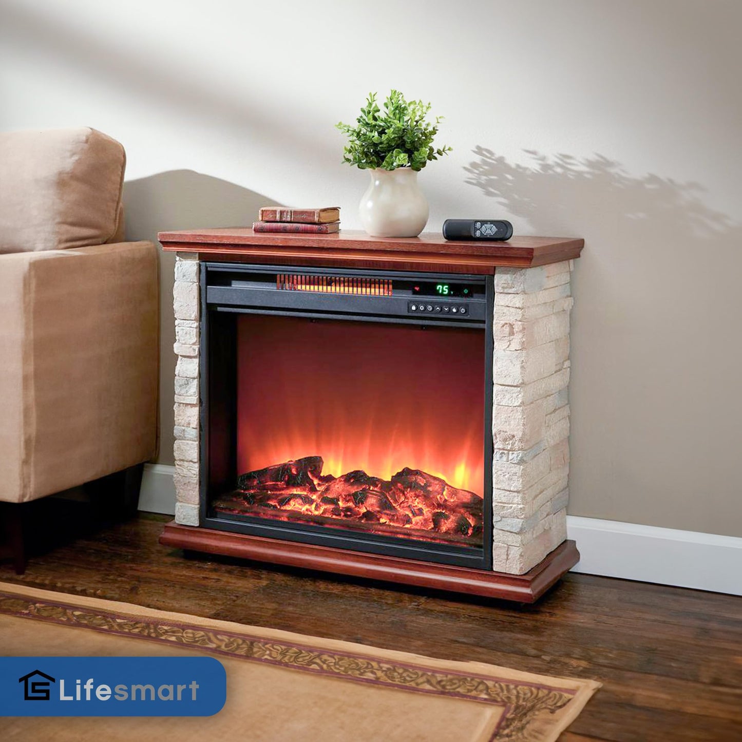 LifeSmart Electric Fireplace Heater w/ 3 Heating Elements, 1500W, Faux Stone & Oak Wood - Mounted Indoor Infrared Heater for Home, Bedroom, and Living Room