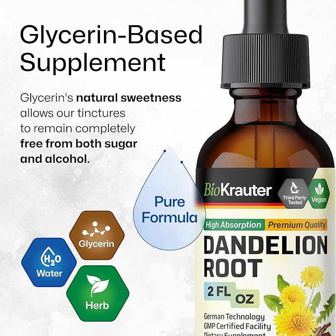 BIO KRAUTER Dandelion Root Extract - Alcohol & Sugar Free Dandelion Tinture - Vegan Supplement for Cleansing & Immunity - 2 Fl. Oz - 28 Days of Supply