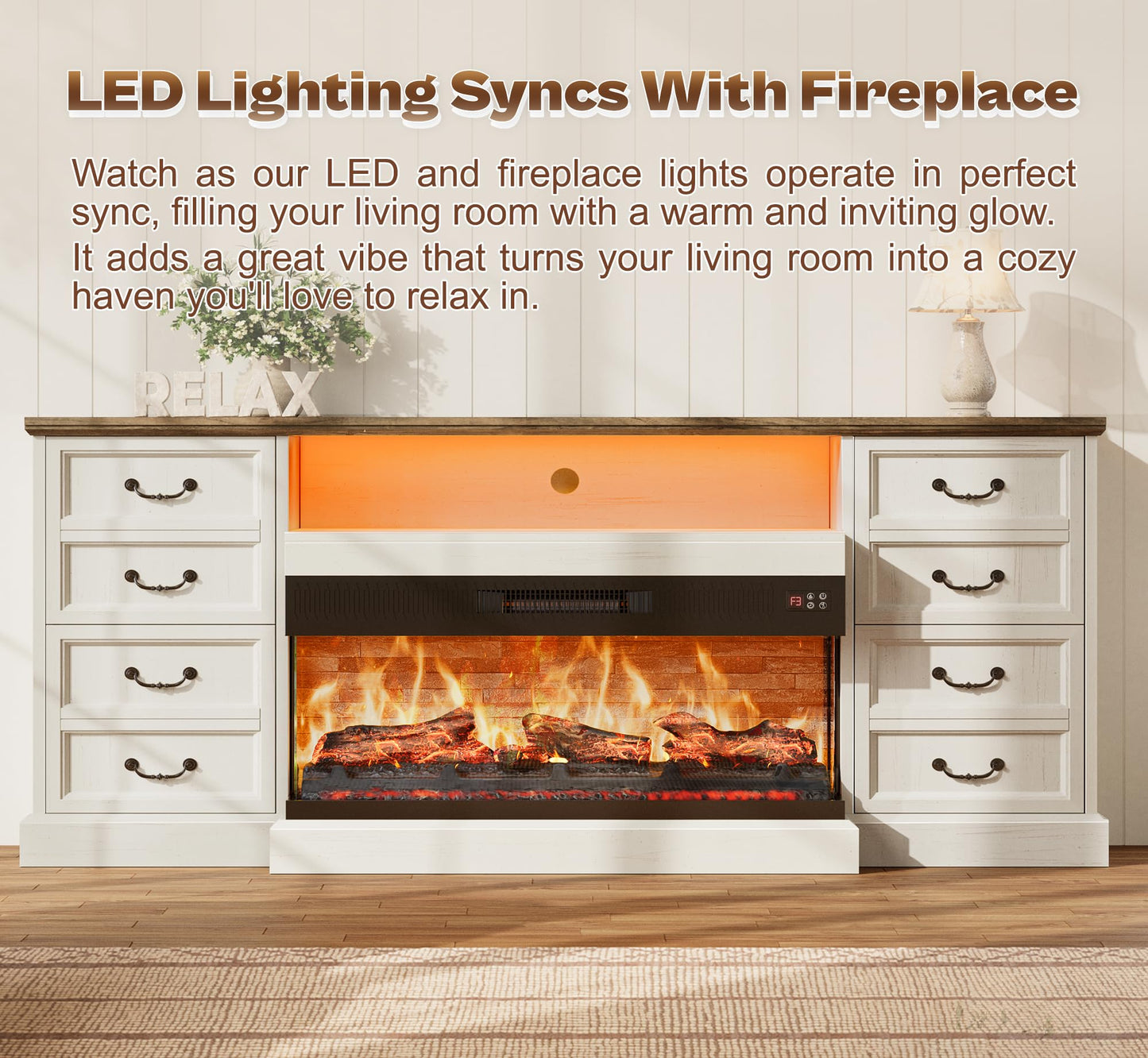 Huuger Fireplace TV Stand with LED Lights for 75 Inch TV, 3-Side Glass Fireplace Entertainment Center, 70 Inch Farmhouse Television Stands Stand with 4 Deep Drawers for Living Room, Distressed White