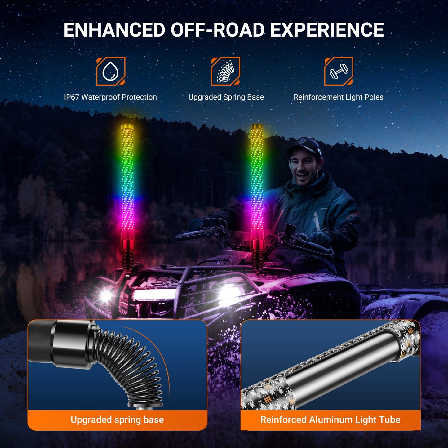 Ehaho 2PCS 2FT Fat Whip Lights for UTV ATV with Spring Base, Led Fatty Whip Light W/Rocker Switch & 6 Flags, Brighter Spiral Chasing Lighted Antenna Whip with APP & Remote Control for RZR SXS Can-Am