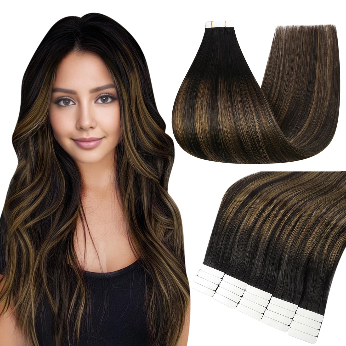 Full Shine Tape in Hair Extensions 12 Inch Color 1B Off Black Ombre 6 Brown Highlight 1B Black Balayage Invisible Seamless Human Hair Extensions Tape in 30 Grams 20 PCS for Women
