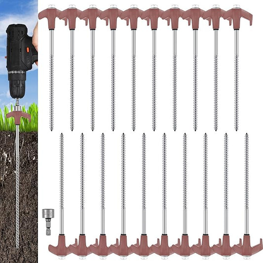 Hicarer 20 Pcs 8'' Screw in Tent Stakes Heavy Duty Ground Anchors Screw in Tent Pegs Ground Stakes Tent Spikes Metal Tent Spikes with Hex Head Driver for Camping Garden Canopies (Brown)