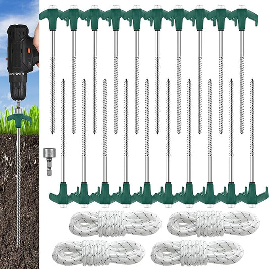 20 Pcs 8'' Screw in Tent Stakes Heavy Duty Camping Stakes Ground Anchors Metal Canopy Stakes Tent Spikes Stake Pegs with 4 x 10 ft Ropes for Sand Hiking Travel with Hex Head Driver(Green)