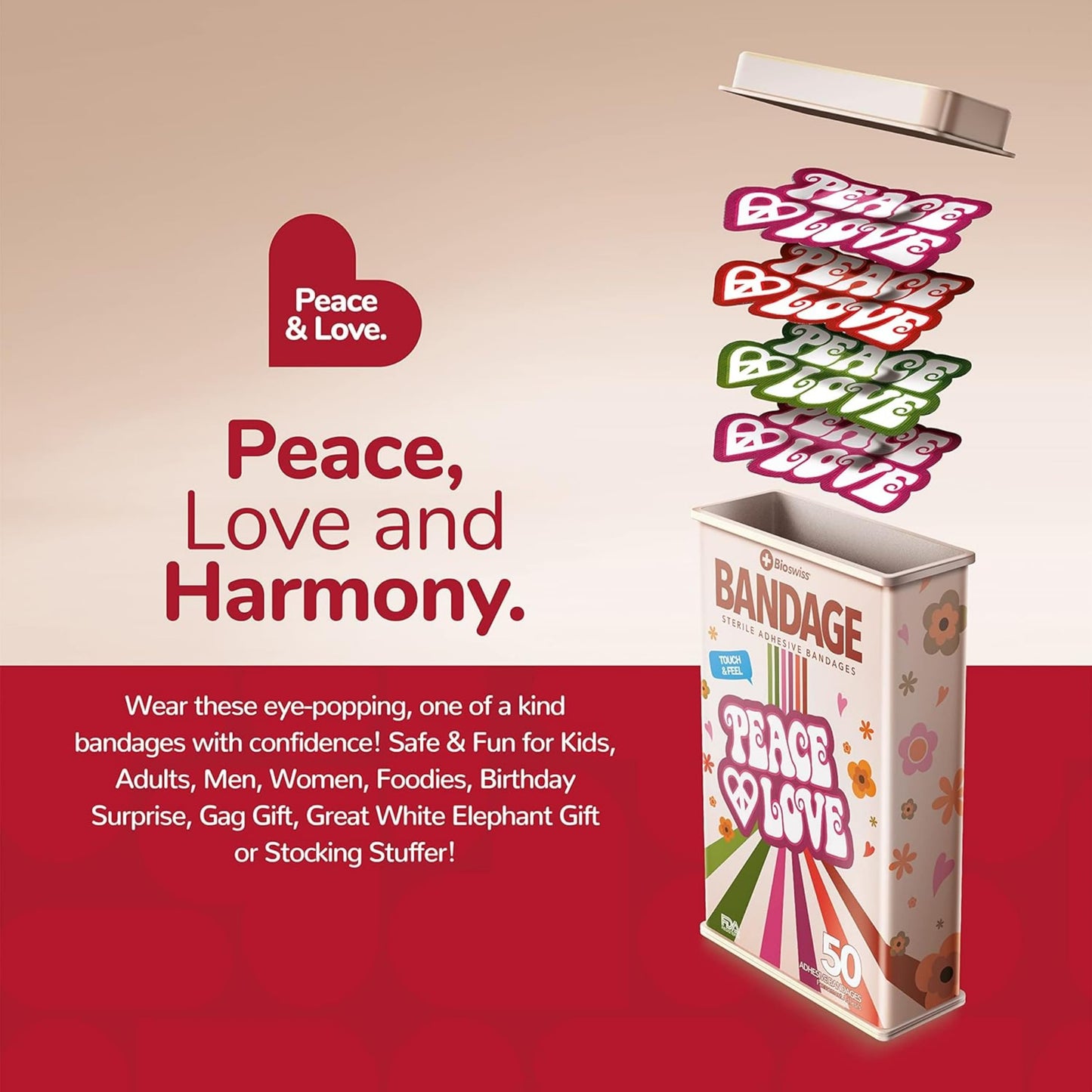 BioSwiss Bandages, Peace and Love Shaped Self Adhesive Bandage, Latex Free Sterile Wound Care, Fun First Aid Kit Supplies for Kids, 50 Count