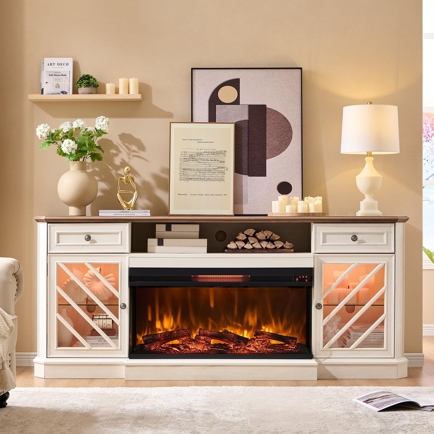 OKD 75 Inch 3-Sided Electric Fireplace TV Stand for TVs up to 85'',Modern Highboy Entertainment Center with 36" Fireplace & LED Lights,Widen Drawers and Glass Door Storage Cabinet, Antique White