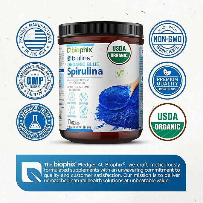 biophix Blue Spirulina Powder Organic Blulina 10 oz - Algae Organic Spirulina Powder 283 Servings - Superfood Supplement - Natural Blue Pigment - Espirulina en Polvo Organica Pura Azul