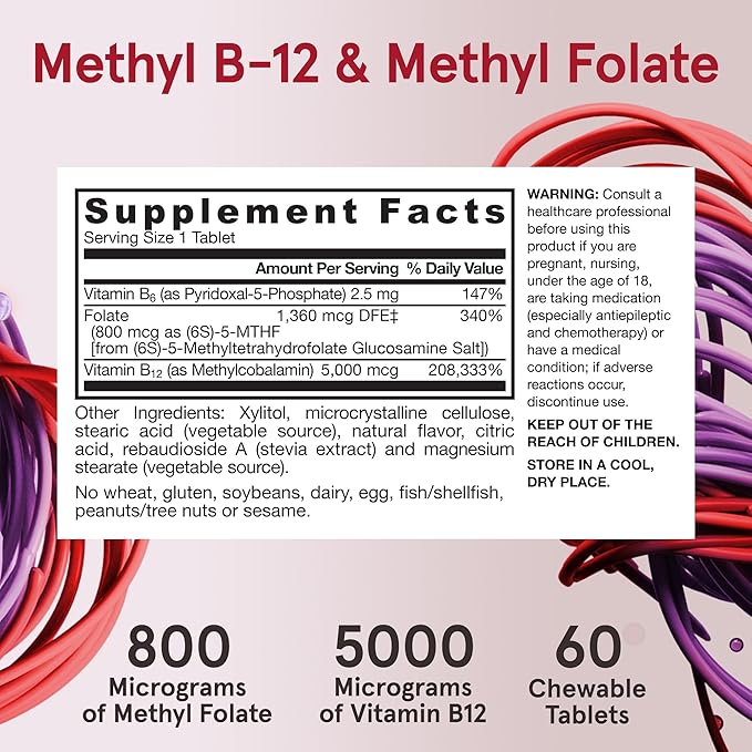 Jarrow Formulas Ultra Strength Methyl B-12 5000 mcg & Methyl Folate 800 mcg + P-5-P, Supplement for Cellular Energy Metabolism and Cardiovascular Support, 60 Chewable Tablets, 60 Day Supply, 12 Packs