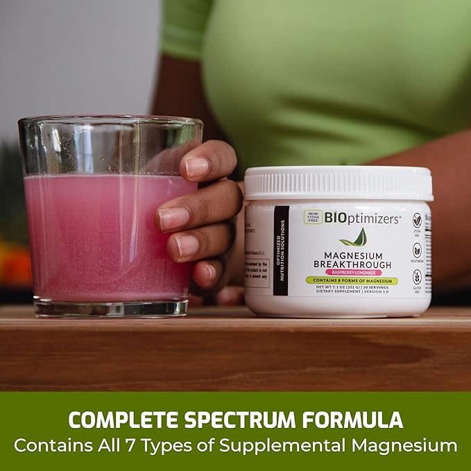 BIOptimizers Magnesium Breakthrough Drink Raspberry Lemonade - 8 Forms of Magnesium: Glycinate, Malate, Citrate, and More - Natural Sleep and Brain Supplement – 6 oz (30 Servings)